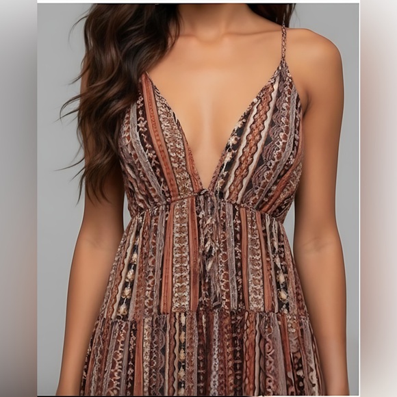 Boho Rust Tribal Print Split Thigh Tie Backless Dress - Picture 2 of 11